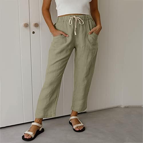 Mackneog Gevşek Fit Düz Renk Geniş Bacak Kapriler Yaz Keten Geniş Bacak kapri pantolonlar Cepler ile Rahat Bayan Çekme