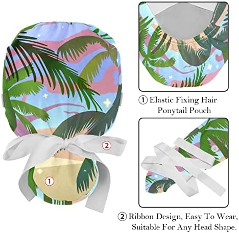 LORVIES Tıbbi Kapaklar Düğmeli Kadınlar için Uzun Saç, 2 Parça Ayarlanabilir çalışma Kapağı, Sahil Plaj Palmiye Ağacı