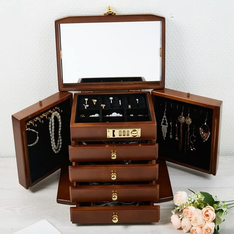 HEEQING AE205 Ahşap Mücevher Kutusu Kadınlar için, organizatör Kutusu ile Katı Ahşap Combo Kilit Takılar için Saatler