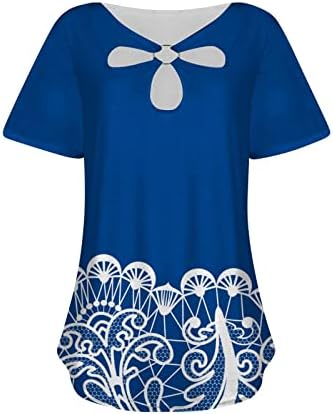 Pejock kadın Baskılı Üstleri 2023 Rahat Doğal Çiçekler T Shirt Yaz Anahtar Deliği Crewneck T-Shirt Gevşek Kısa Kollu