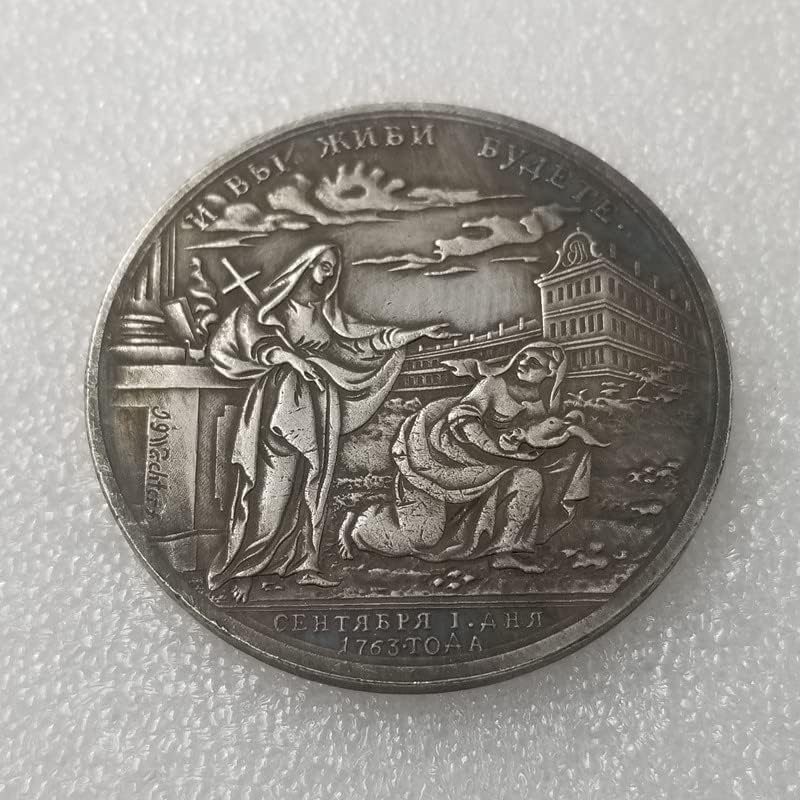 Antika El Sanatları 1763 Rus Bakır Gümüş Kaplama Gümüş Dolar Gümüş Yuvarlak Dış Gümüş Dolar Antika Koleksiyonu 3093