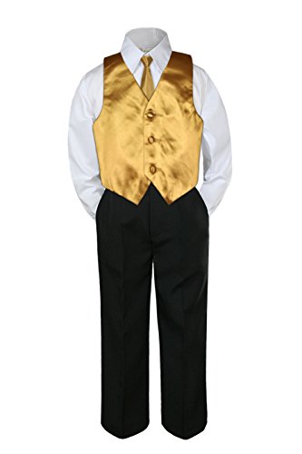 4 adet Resmi Bebek Genç Erkek Altın Yelek Kravat Seti Siyah Pantolon Takım Elbise S-14 (10)