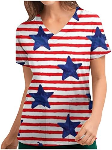 Amerikan Bayrağı Baskılı İş Giysisi Kadınlar için V Yaka Sevimli Vatansever Scrub_Tops Tunik T-Shirt Bluz 2 Yan Cepli