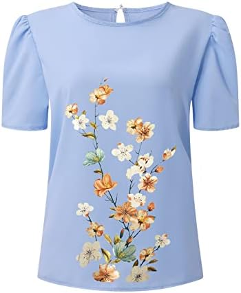 Bayanlar Çiçek Üstleri Renkli Çiçek Baskı Puf Kollu Gömlek Zarif Kısa Kollu Kazak Yaz Tees
