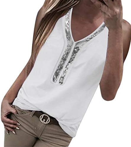 Moda Kadınlar Seksi Sequins Yaz Tank Top V Yaka Bluz Kolsuz tişört