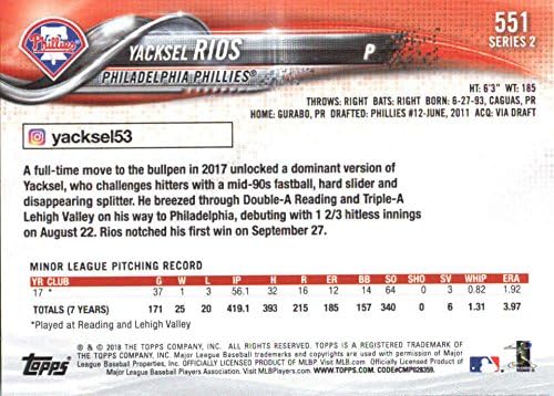 2018 Topps Serisi 2551 Yacksel Rios Philadelphia Phillies Çaylak Beyzbol Kartı-GOTBASEBALLCARDS