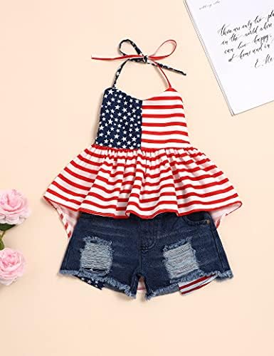 bilison 4th Temmuz Toddler Kız yaz kıyafetleri Amerikan Yıldız Askı Backless Üst kısa kot pantolon Bağımsız Günü Kıyafet
