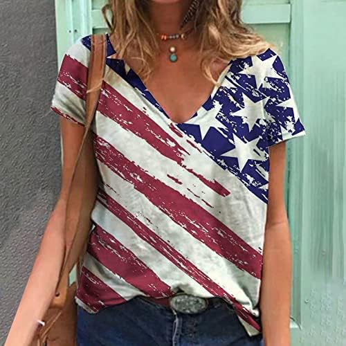 Bayan Derin V Boyun Spandex T Shirt Salonu Tees Tops Kısa Kollu Colorblock Amerikan Bayrağı T Shirt UC
