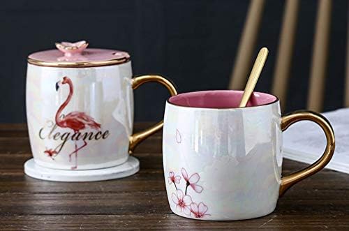 Yenilik Pembe Flamingo Seramik Kupalar Kapak ve Kaşık ile Kadınlar için Şık Porselen Kahve Kupa (Kiraz Çiçeği Sakura)